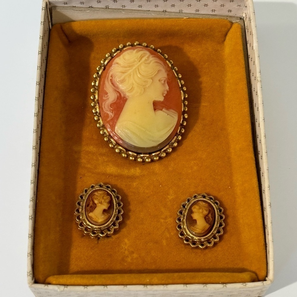 Classic Cameo Brooch and Earrings Set - Gold-Tone with Cream and Coral Cameos